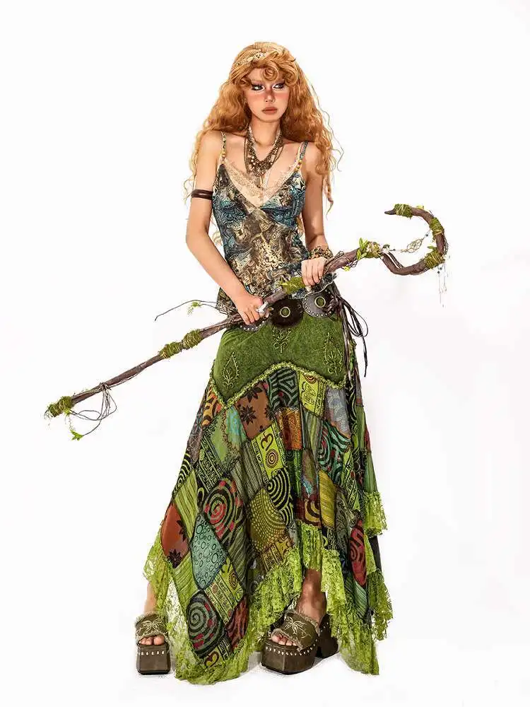 Green Suspenders Vest Womens fashion Retro Mesh Oil Painting Style Hottie Tops Bras Bralette Crop Top T Shirts