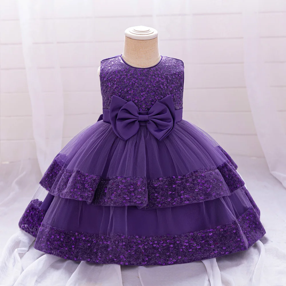 New Summer Cute Baby Girls Dress Big Bow Double Layered Lace Sequin Decoration Princess Party Dress For 0-3 Years Old Kids