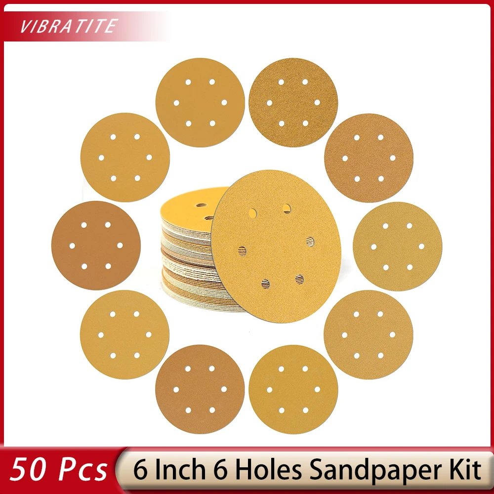 

50 Pcs 6 Inch 6 Holes Hook and Loop Sanding Discs Orbital Sander Sandpaper 40-60 Grit for Orbital Sanders in Automotive