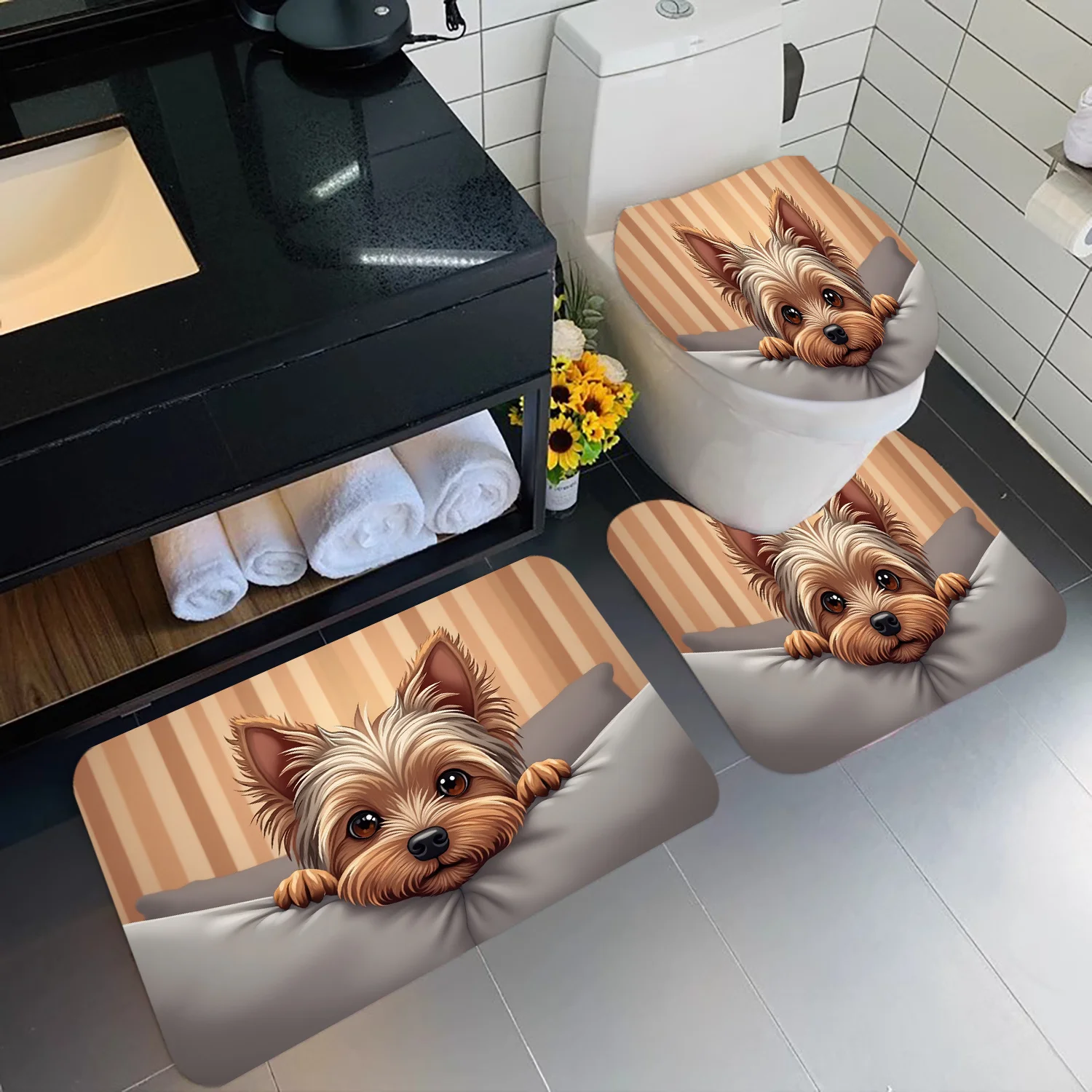 3‑Pieces Cute Yorkshire Terrier Printed Bathroom Mat Set, Decor Rug Kit With Toilet Lid Cover & U‑Shaped Mat