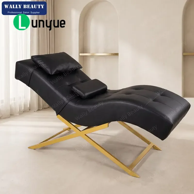 Electric Facial Care Chair Black PU Leather Massage Table Gold Metal Frame Eyelash Beauty Bed for Clinic Portable