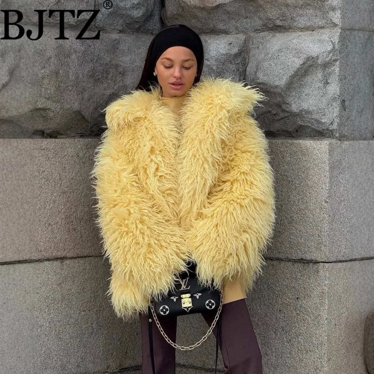 BJTZ Yellow Plush Coat Faux Fur Eco-Friendly Fur Coat for Women Oversize Outfit Top