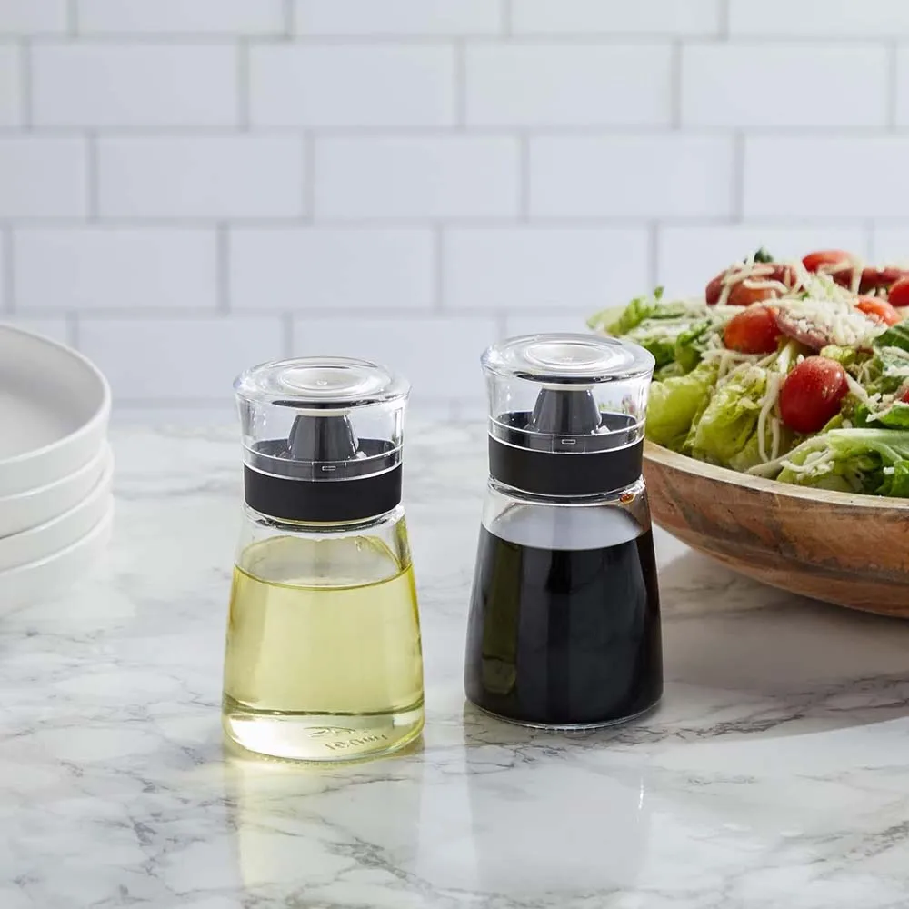 2PC Small Oil and Vinegar Dispenser Set for Kitchen,Glass Cruet Bottles with No Drip Tops for Salad Dressing,Balsamic,Soy Sauce