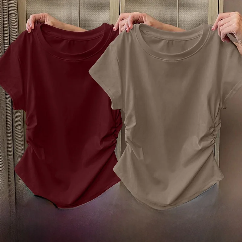 Summer ort Sve T-irt Women's 2025 New Sle Ele High Waist Asymmetrical Commute Slimming Versatile Top