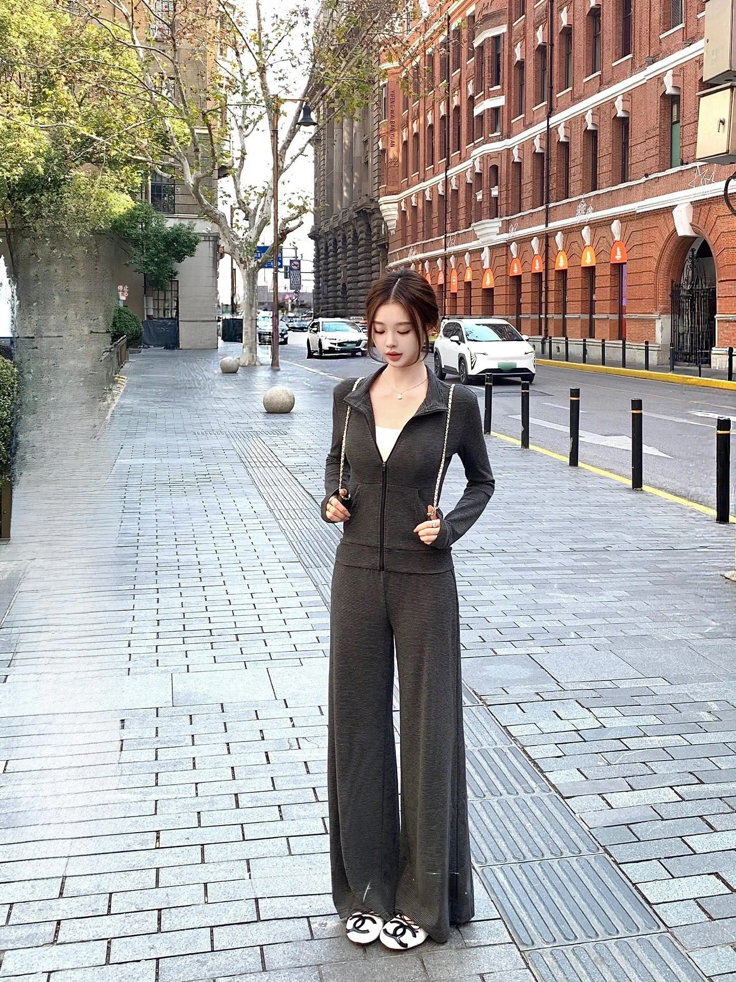

Loose Korean Sle Spring New Stripe Knitted Stand Collar Sweatirt Set Casual Straight Leg Pants Faionable Women's Ensemble