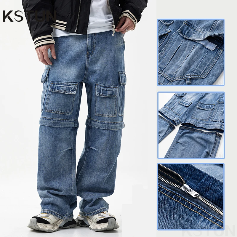 

Men Hip Hop Jeans Cargo Pants Loose Baggy Wide Leg Jeans For Men Multi-Pockets Dismountable Zipper Desinger Motocycle Streetwear