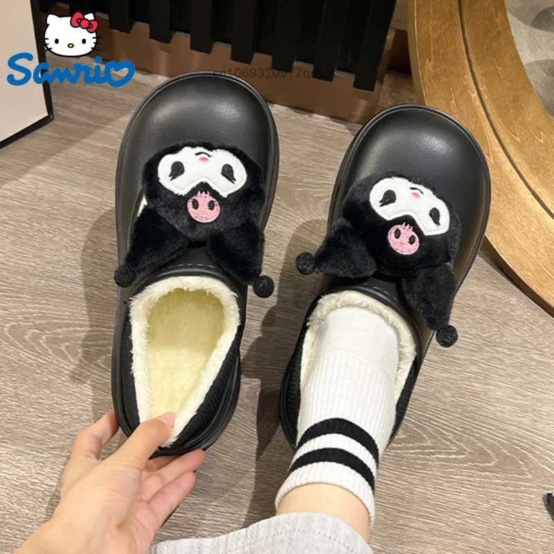 Sanrio Kuromi Cinnamoroll Melody Cover Heels Plush Cotton Slippers for Women EVA Anti Slip Toe Wrap Warmth Thick Bottom Shoes