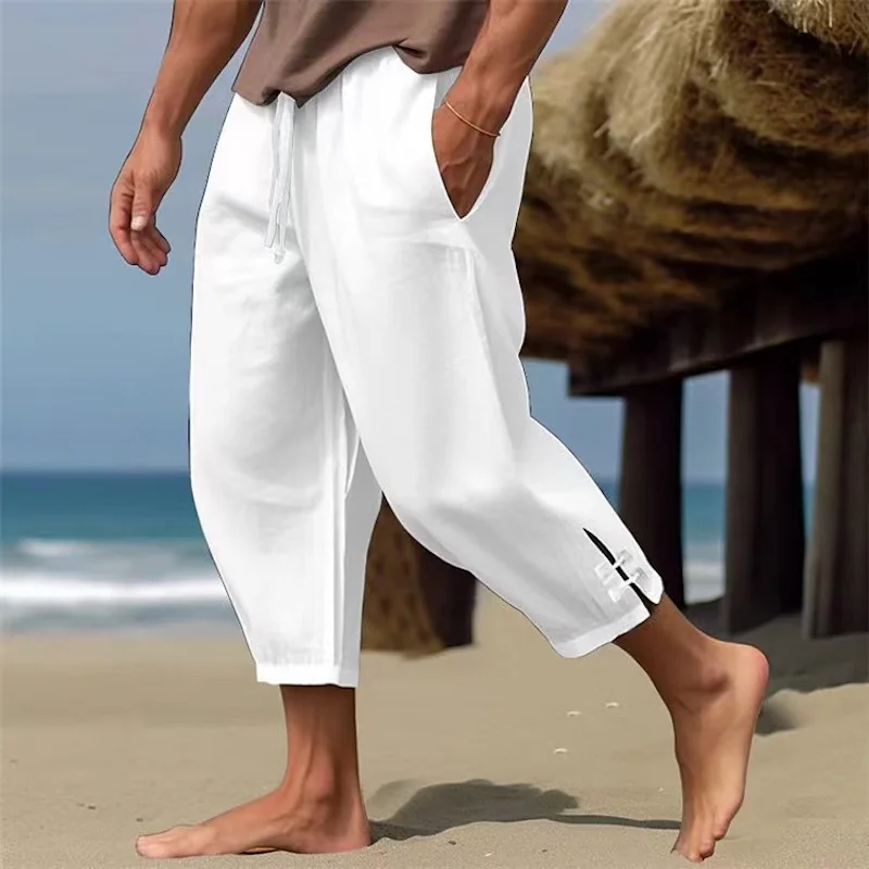 2024 Summer Mens Linen Cropped Pants Oversize Loose Feet Forked Pencil Pant Fashion Casual Pantalones Beach Trousers Streetwear1