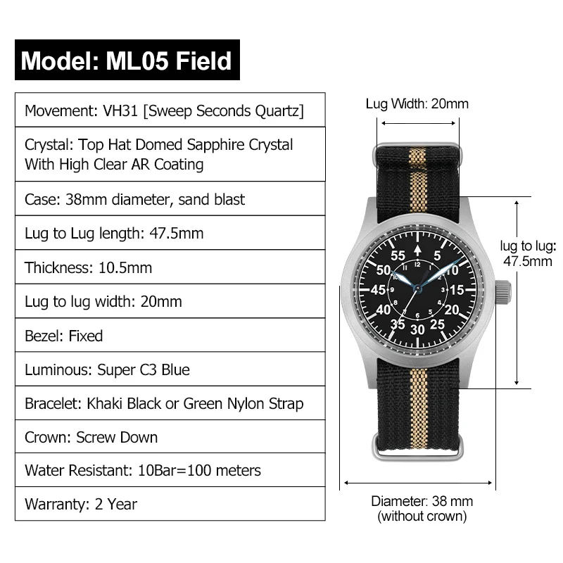 Militado ML05 นาฬิกาทหาร VH31 ควอตซ์ Domed Sapphire คริสตัลนาฬิกาข้อมือ High CLEAR AR เคลือบ 38 มม.นาฬิกา VINTAGE