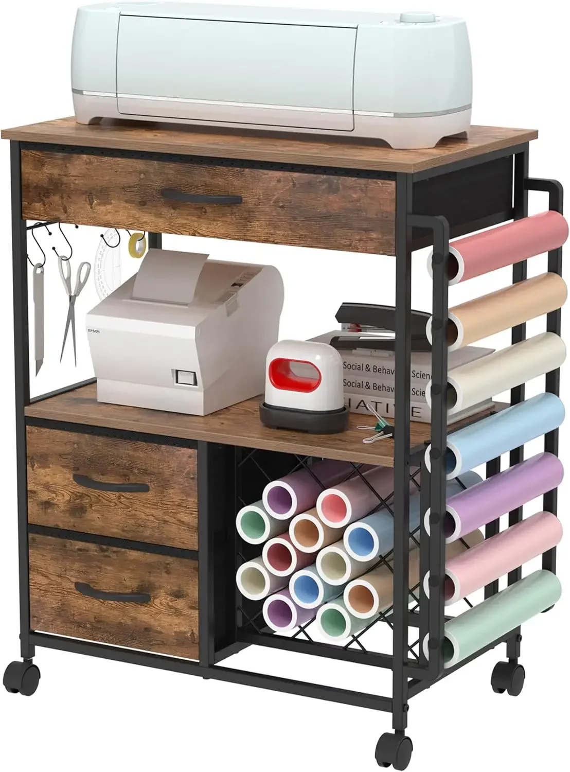 Storage Cart Compatible with Cricut Machines Stand Cutting Machine Stand with Drawers and Vinyl Roll Holder Rolling Craft Cabine