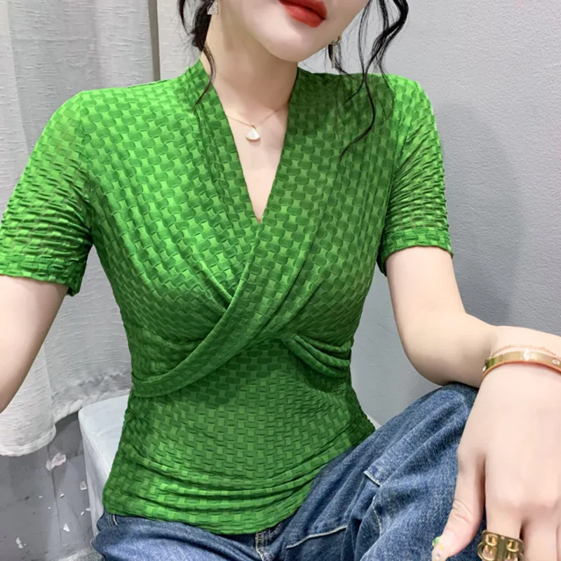 

#5311 Black Green Puprle Mesh Wrap T Shirt Women Short Sleeve Sexy Elastic Office T-Shirt Female Tight V-neck Folds Korean Style