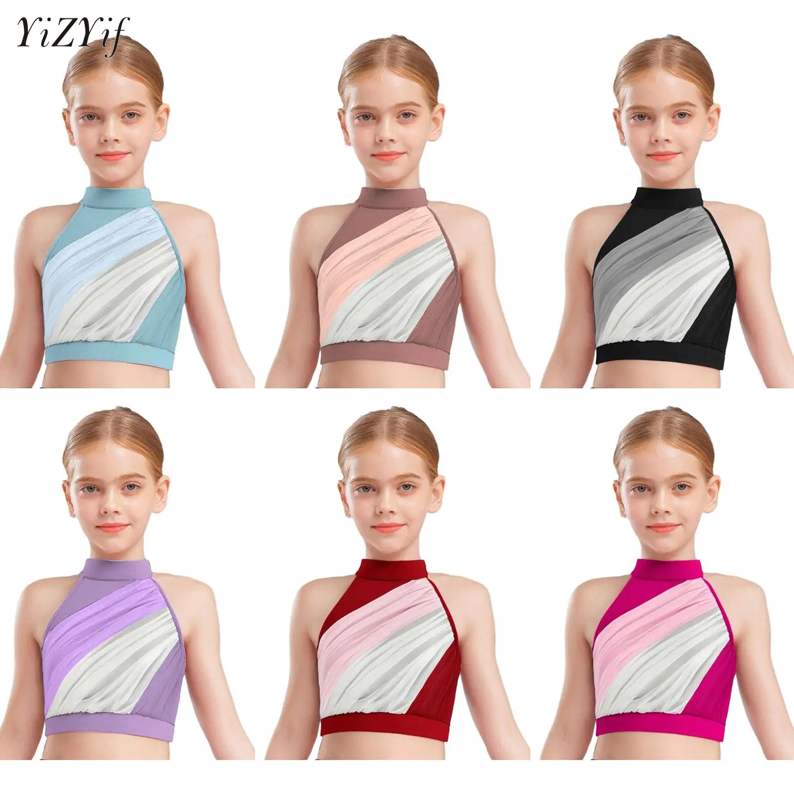 

Kids Girls Ballet Dance Crop Tops Color Block Sleeveless Vest for Figure Skating Lyrical Dance Gymnastics Workout Stage Perform