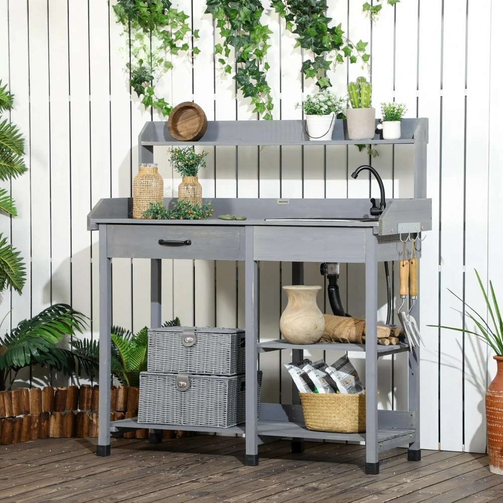 

Potting Bench Table, Outdoor Garden Table Wooden Work Station with Removable Sink, Faucet, Drawer, Shelves, Hooks, Customized