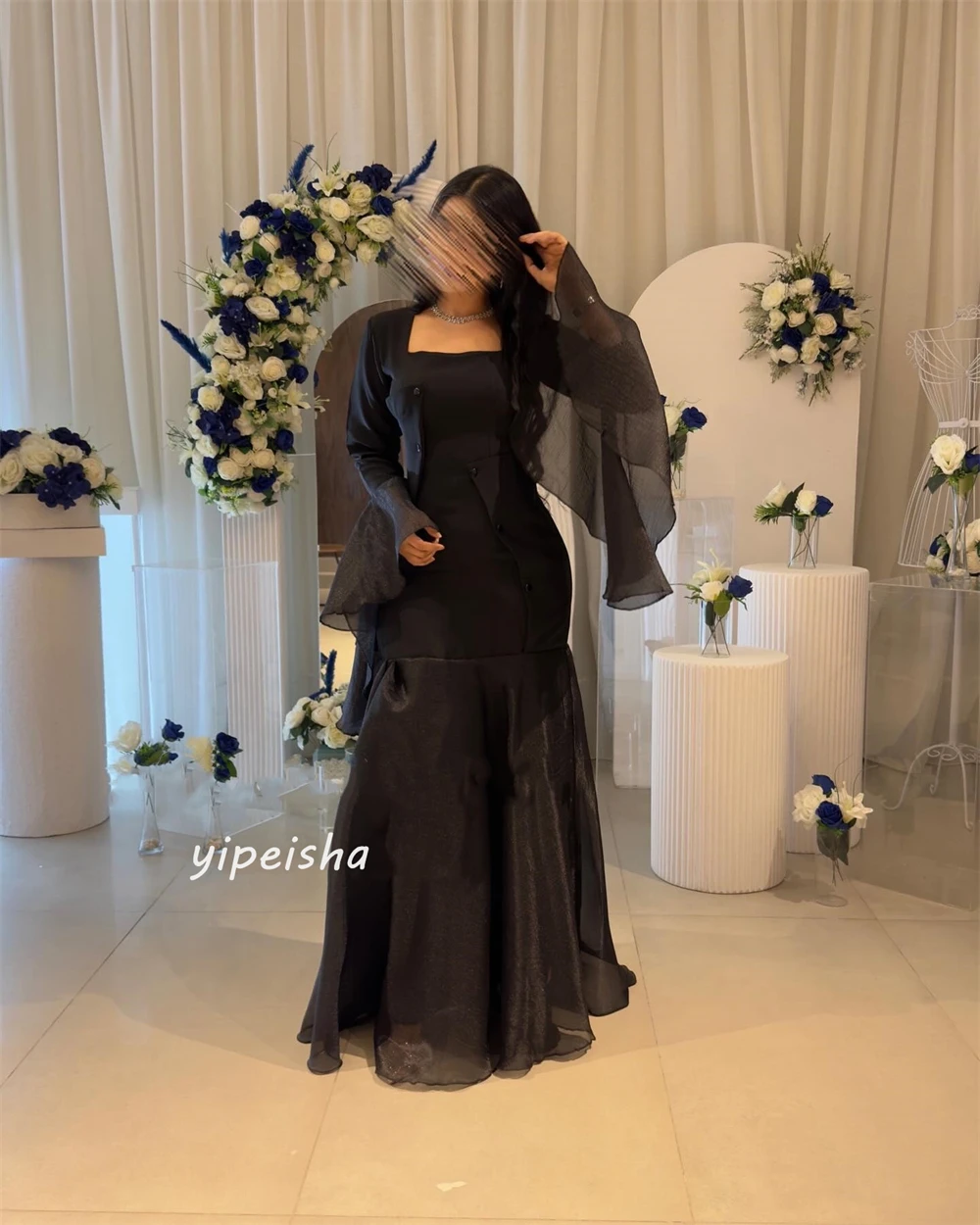 Jersey Draped Ruffles Ruched Formal Evening A-line Square Collar Bespoke Occasion Gown Long Dresses