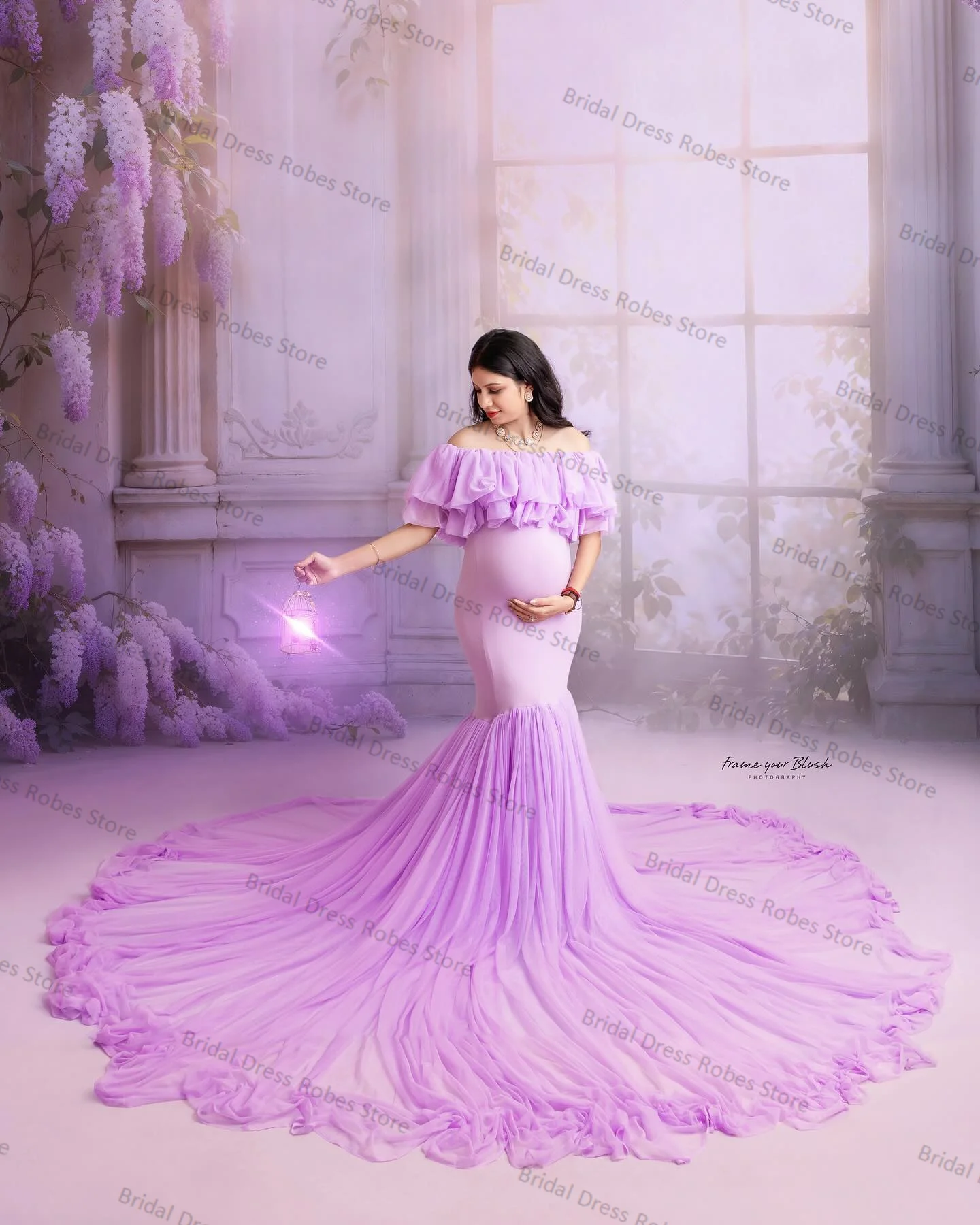 Lavender Purple Women Maternity Dresses for Photo Shoot Off Shoulder Robe Tiered Tulle Mermaid Prom Wedding Pregnant Customized