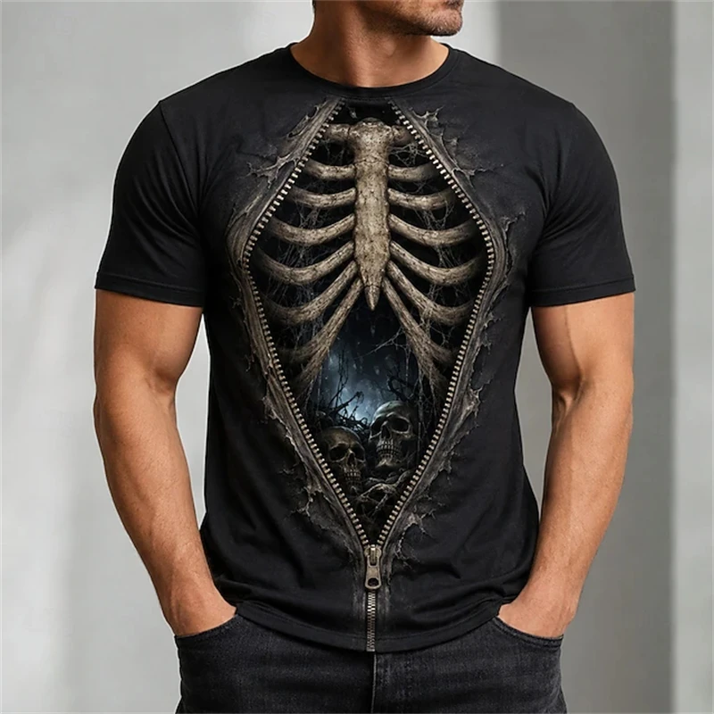 Men's Summer Fashion Trend Round-Neck Short-Sleeve T-Shirt with Fake Zipper Ribbed Skeleton Cave Design Dark and Creative Top