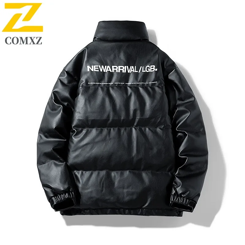 COMXZ  PU Leather Down Jacket 2025 New Winter Snow Skiing Warm Cotton Coat Camping Thickened Minimalist Versatile Windbreaker