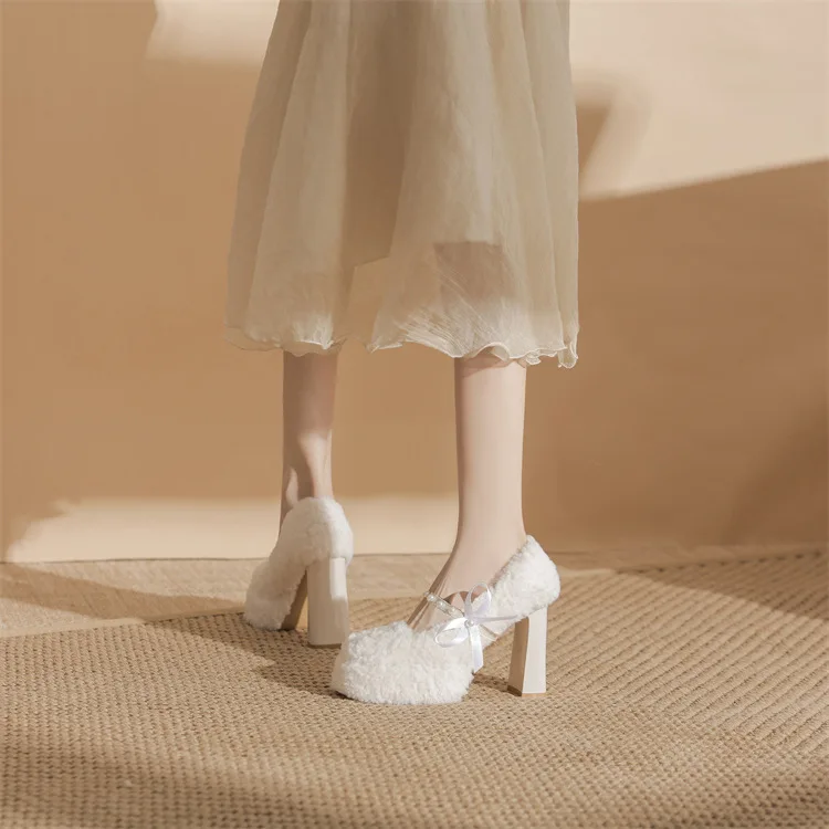 

Bloomstpes Bow-Tie Fleece-Lined Shearling Boots for Women Winter Mary Jane Platform Heel Shoes White Evening Shoes