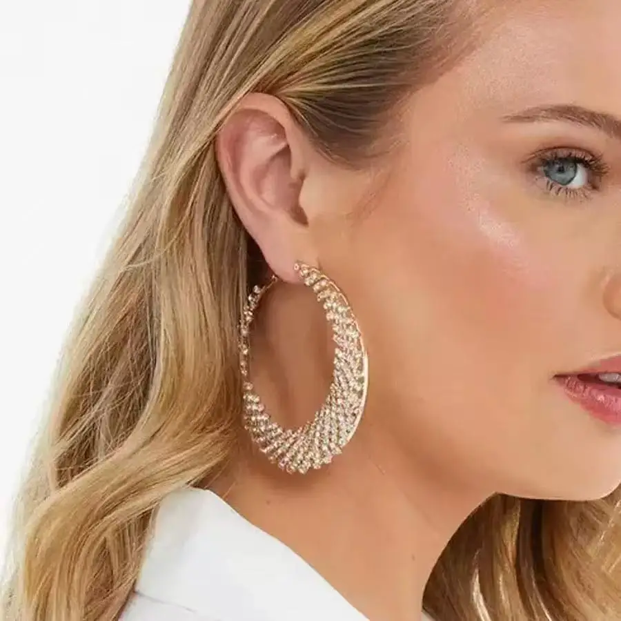 European and American popular exaggerated full diamond circle earrings with a light luxury and high-end feel, simple earrings wi
