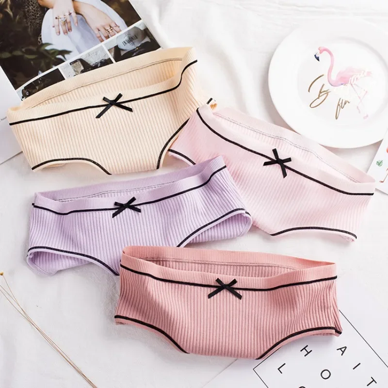 Women's Cotton Underwear Briefs Comfortable Mid-Waist Breathable Bow Solid Color Panties Cute Japanese Style Soft Threaded Panty