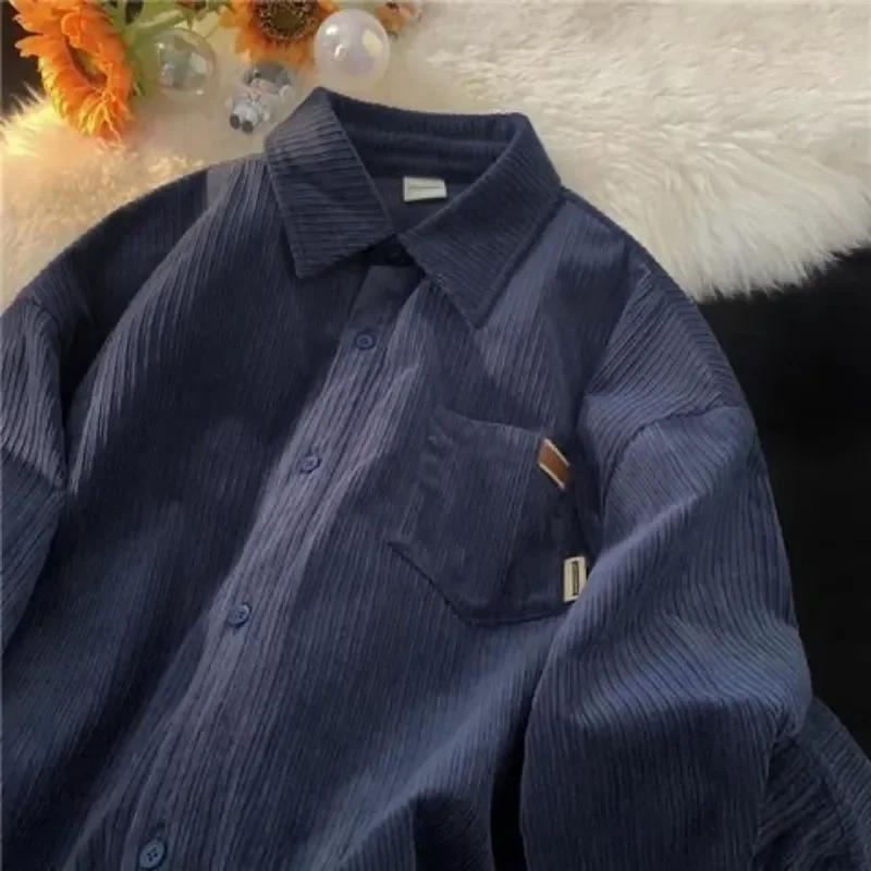 Mens Fashion Long Sleeve Corduroy Sweatshirts Mens Korean Japanese Harajuku Retro Spring Autumn Casual Turn down Collar Shirts