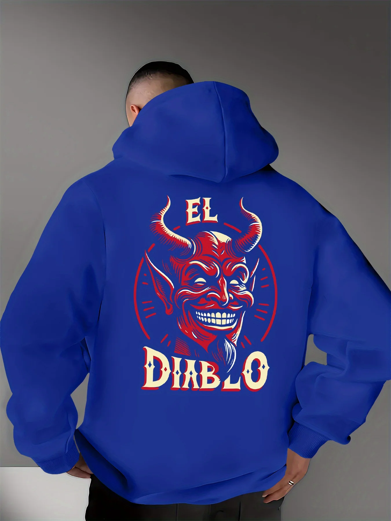 Street style retro devil portrait art print men's hooded sweatshirt - Hip-hop sports dark and cool theme casual hooded hoodie