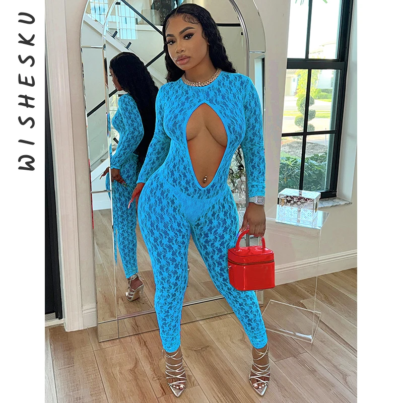 Sexy Mesh See Through Hollow Out Jumpsuits Women Long Sleeve Backless Pencil Pants Outfits 2024 Spring Fall Harajuku Y2K Clothes
