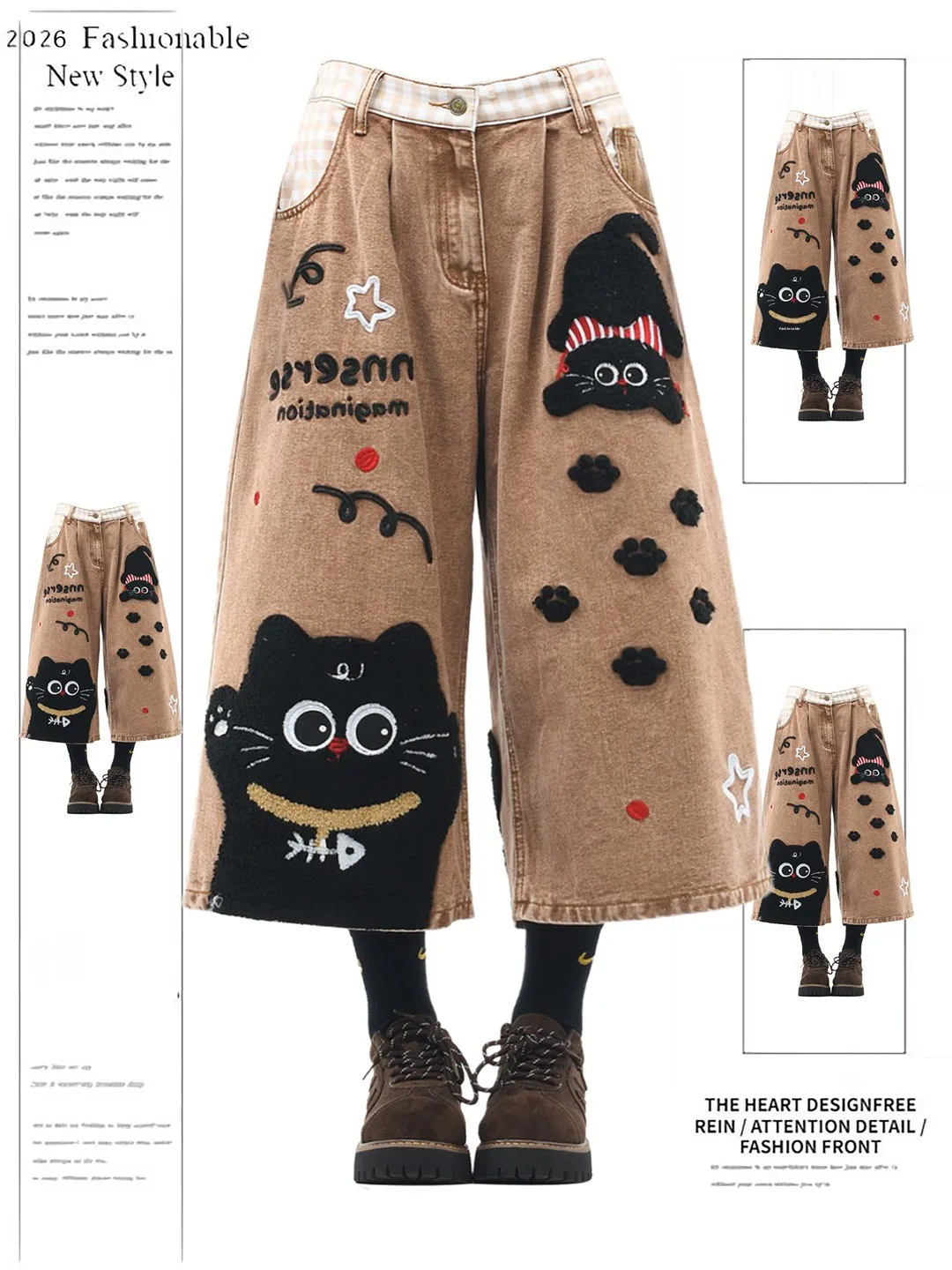 

Cartoon Towel Embroidered Loose Wide Leg Jeans Women's Summer New Style Vintage High Waist Shorts Casual Wear