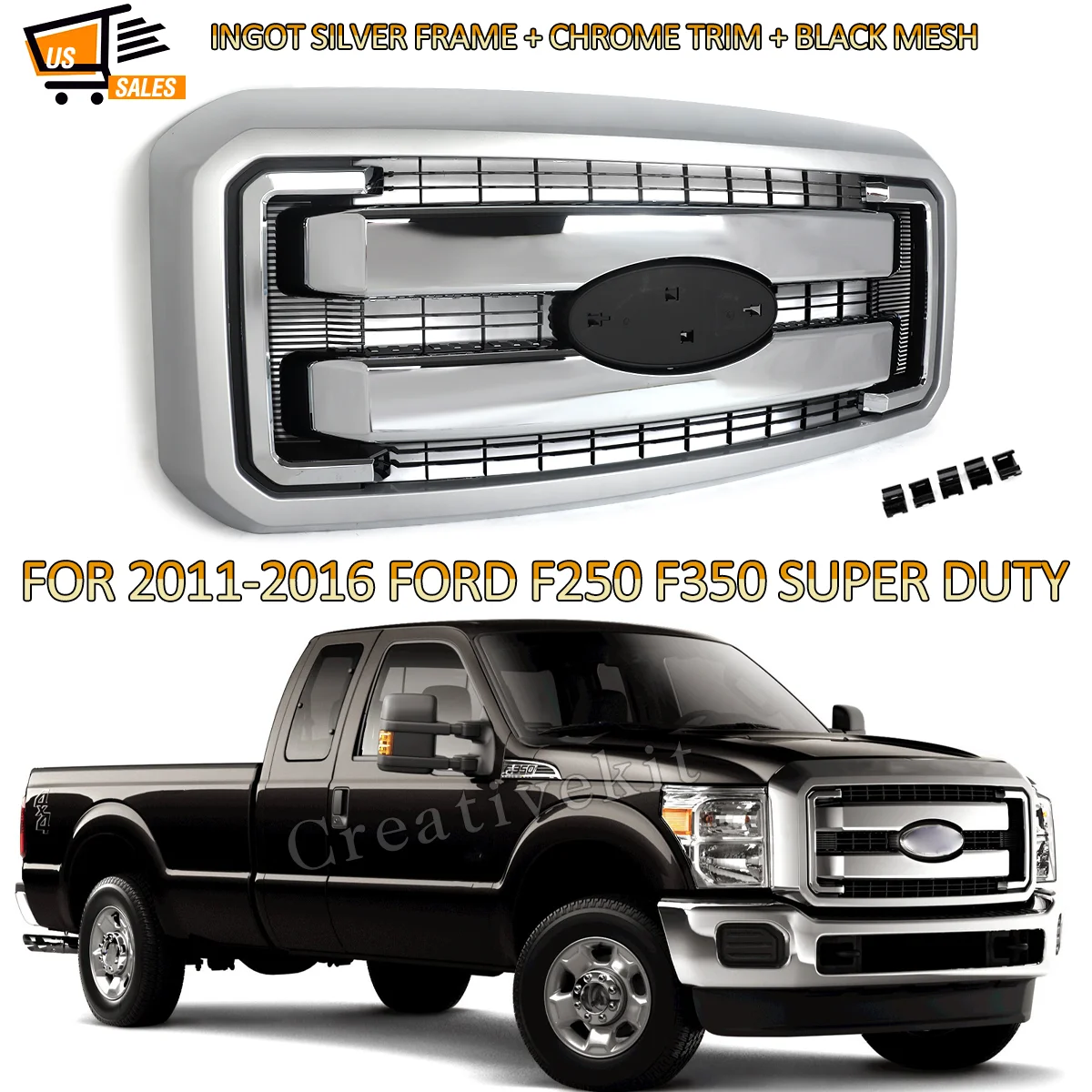 

Replace For Ford F250 F350 F450 F550 2011-2016 Super Duty Front Grills Assembly Lariat Style Front Bumper Grille Ingot Silver UX