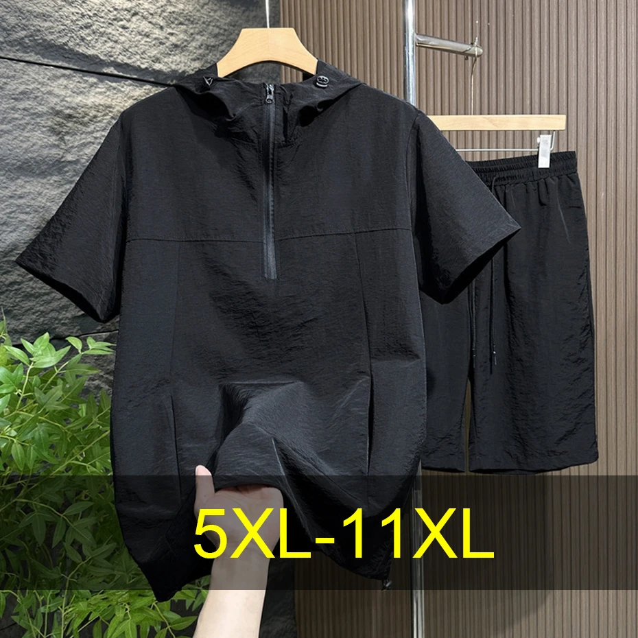 11XL Plus Size Suits Summer Tracksuits Men Summer Sets Casual Fashion Quick Drying Hooded Shirts Shorts Suits Male Big Size 11XL
