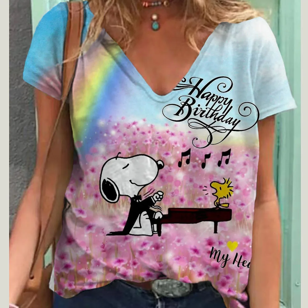 Women's T-shirt Harajuku Clothes Tops Snoopy cartoon print Tees V-neck Oversized Pullover Short Sleeve Blouse Loose Sweatshirt