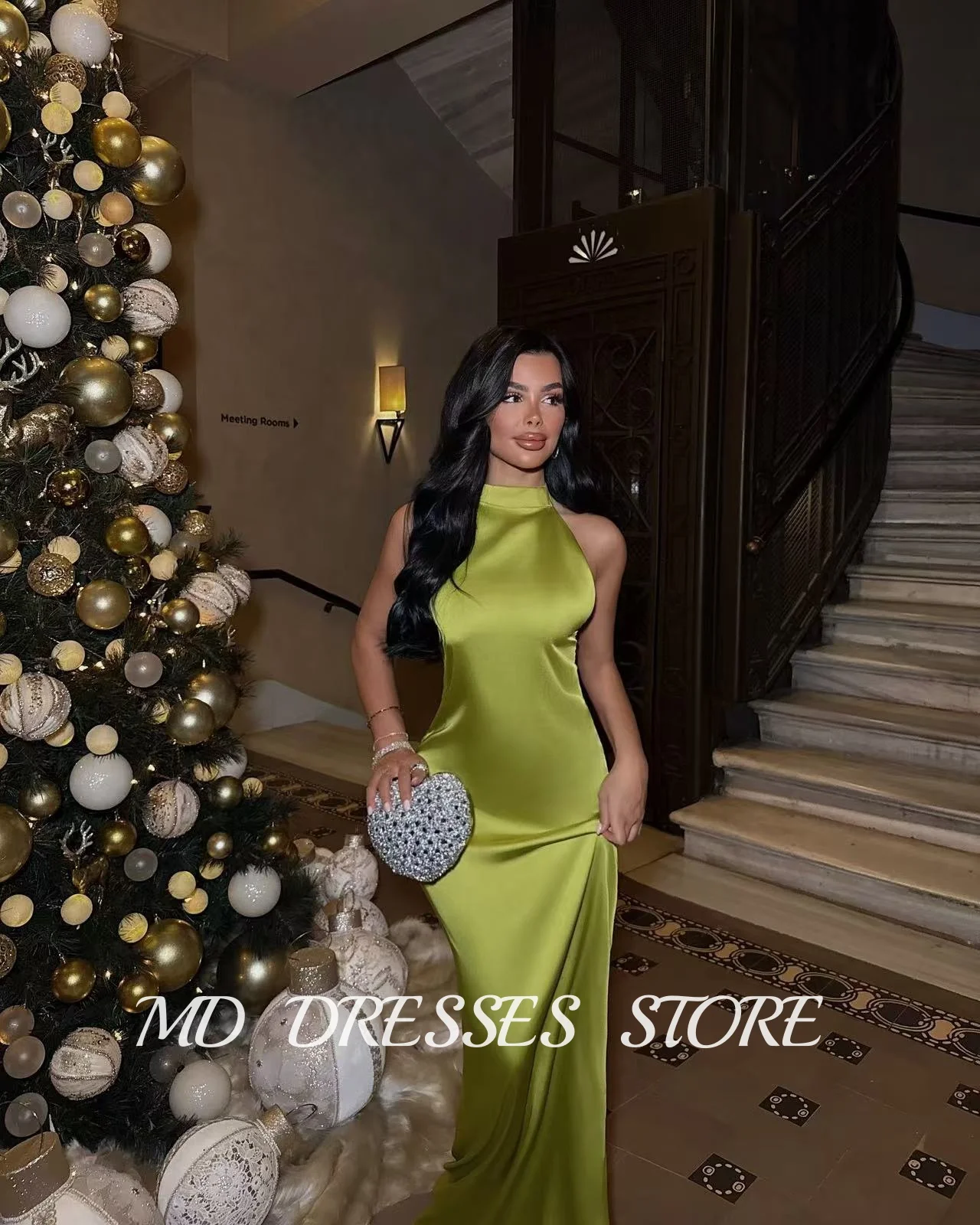 MD Modern Green Mermaid Evening Gown High Neck Silk Pleat Backless Prom Down Dubai Arabic Women Formal Dress customised 2025