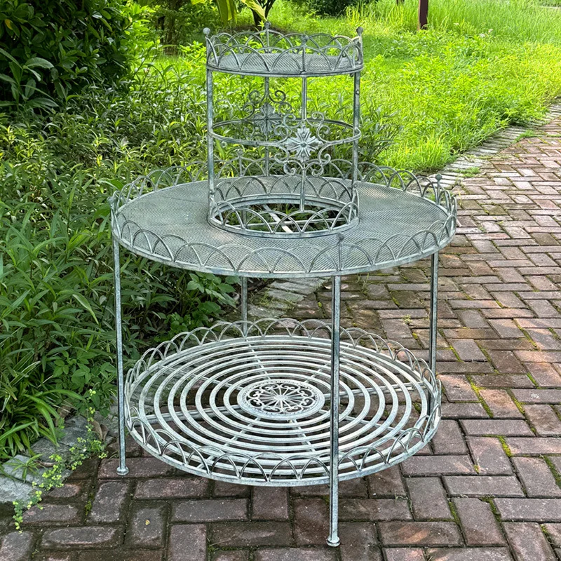 Retro outdoor courtyard wrought iron flower stand outdoor garden floor-to-ceiling flower pot stand round corner multi-layer shel