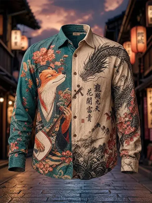 New Artistic Chinese Style Long Sleeved Shirt With Rice Bottom  Pink Cherry Blue Wave Front Placket  men's Top