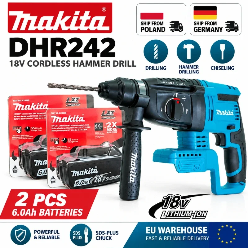 Martillo rotatorio inalámbrico Makita DHR242 18V LXT, taladro SDS Plus sin escobillas de 24 mm para hormigón, 4700 IPM, 2.0J, 3 modos
