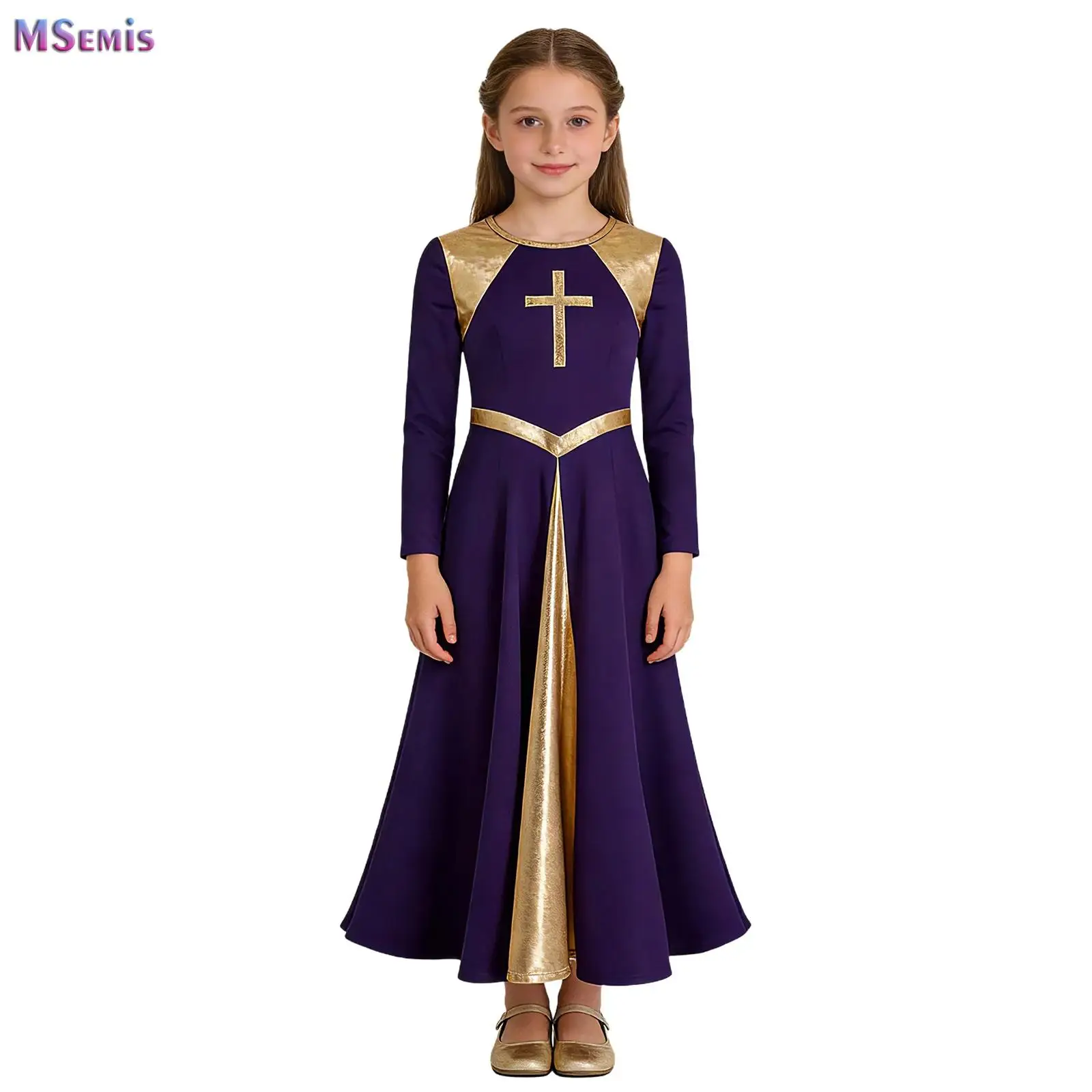 Girls Modern Lyrical Liturgical Dance Dress Long Sleeve Loose Fit Church Worship Praise Dress Metallic Splicing Performance Wear