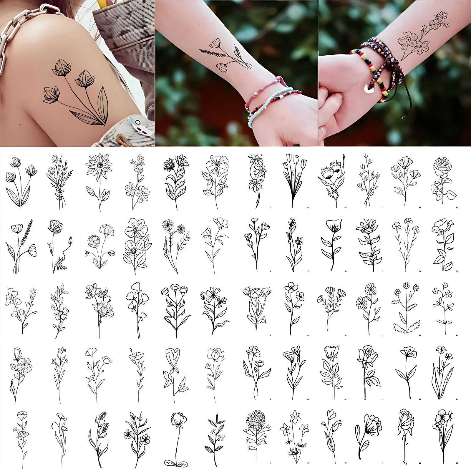 60pcs Sample Plain Flower Temporary Tattoos for Women Girl Floral Bouquet Rose Magritte Small Tattoo Sticker Decor Wrist Ankle