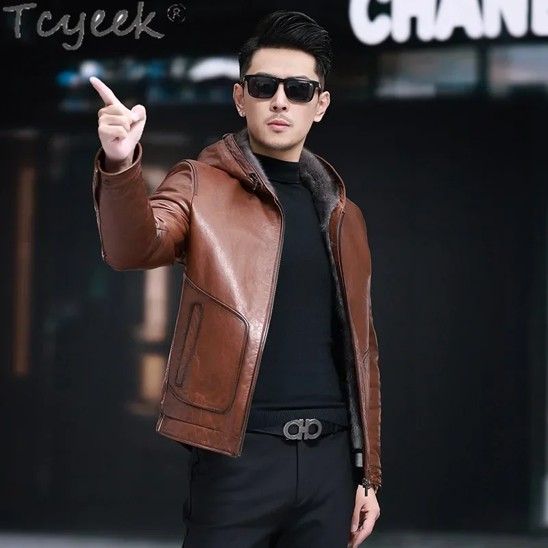 Tcyeek Natural Fur Coat Men Oil Wax Sheepskin Genuine Leather Man Jackets Winter Jacket Warm Mink Fur Mens Coats 2024 Hooded