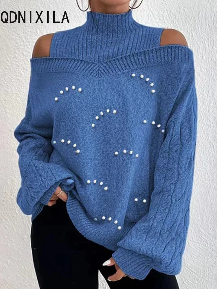 Oversized Sweater Women  Falling Shoulders Lantern Sleeve Nail Bead Pullover Winter New High Collar Sexy Sweaters Women's Tops