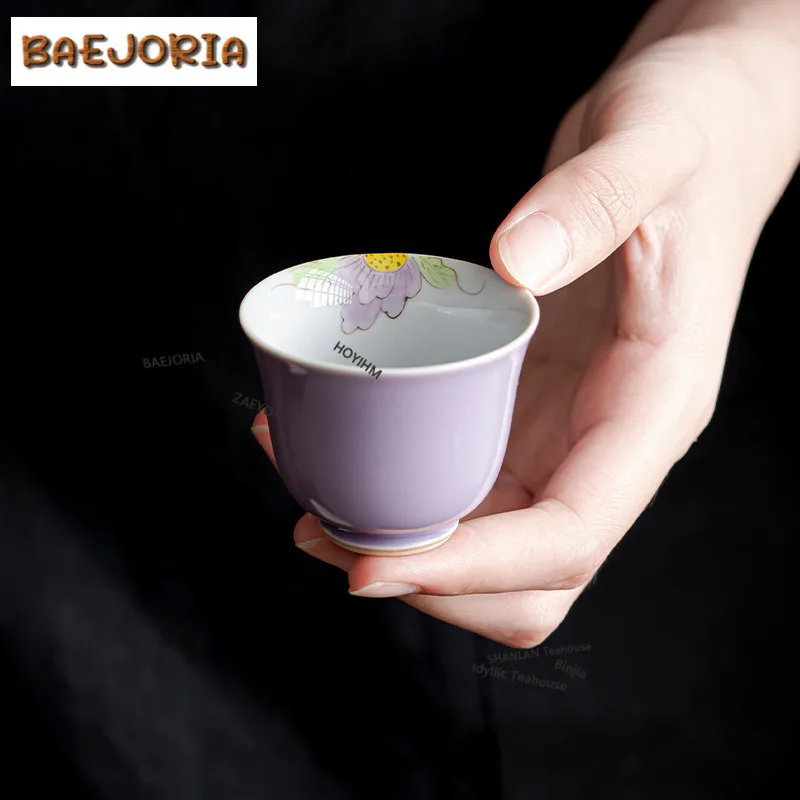 50ml Hand-painted Hibiscus Purple Teacup Traditional Tea Bowl Sample Tea Cup Tea-tasting Smelling Cup Jianzhan Master Cups Tea