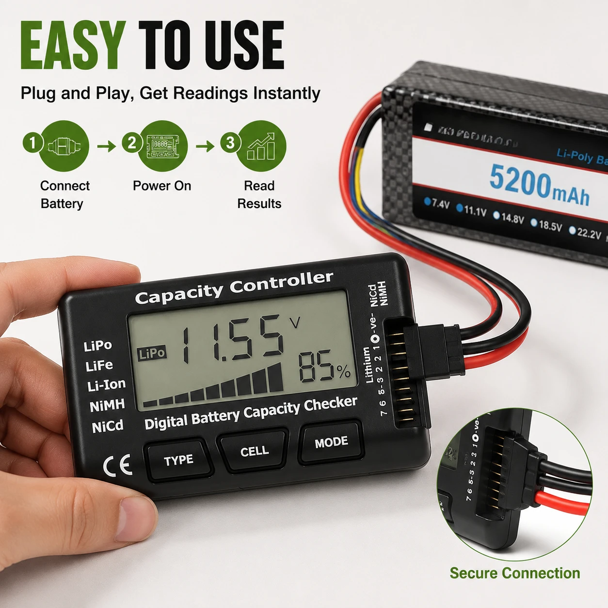 

Digital Battery Capacity and Voltage Checker RC Cellmeter 7 for LiPo LiFe Li-ion NiMH NiCd Cells with Controller for RC Models