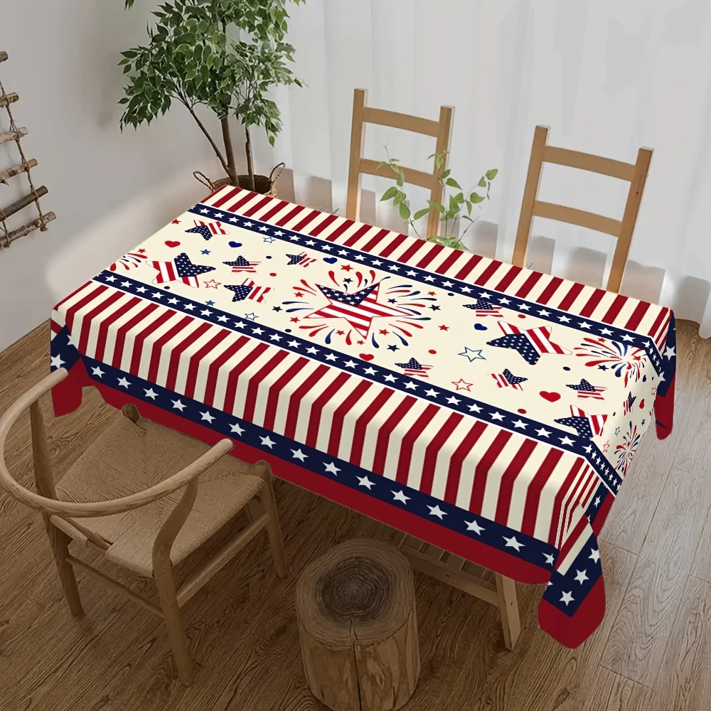 1pc 4th of July Star Firework Striped Tablecloth Patriotic Rectangle Dining Table Cover