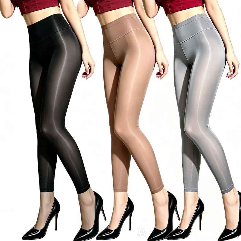 Ladies Plus Size Shiny Horse Oil Pantyhose, Glossy Smooth Sheer Footless Nine‑Point Leggings Elastic Ankle Tights Stockings
