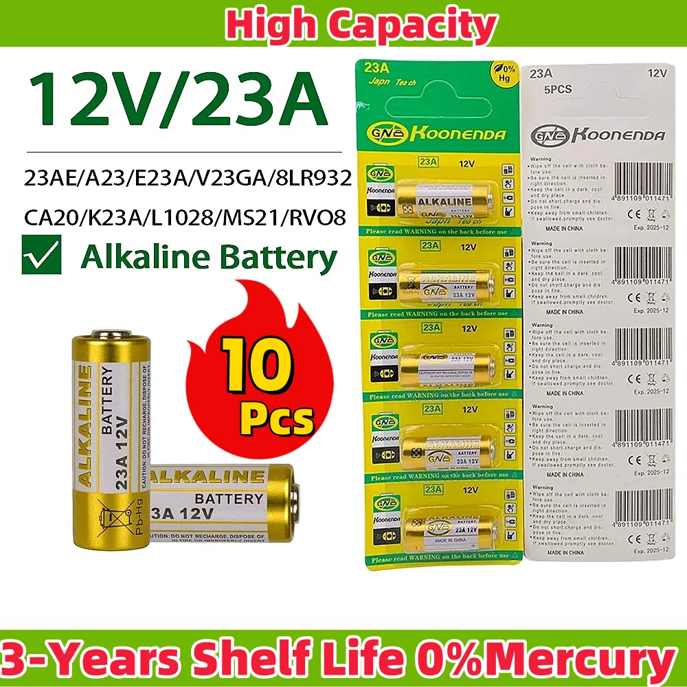 

10PCS Dry Cell 12V Alkaline Battery 23A E23A A23 23GA A23S GP23A V23GA MS21 LRV08 For Doorbell,Garage door remote,Roller shut