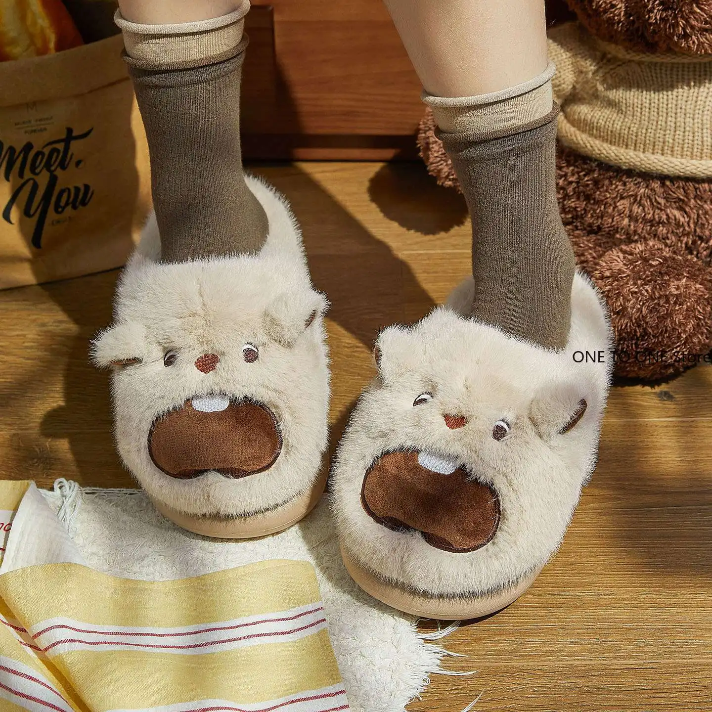 

Casual Fluffy Slippers Women House Cute Cartoon Cow Designer Shoes Girl Flat Fashion Elegant Plush Winter Platform Footwear Home