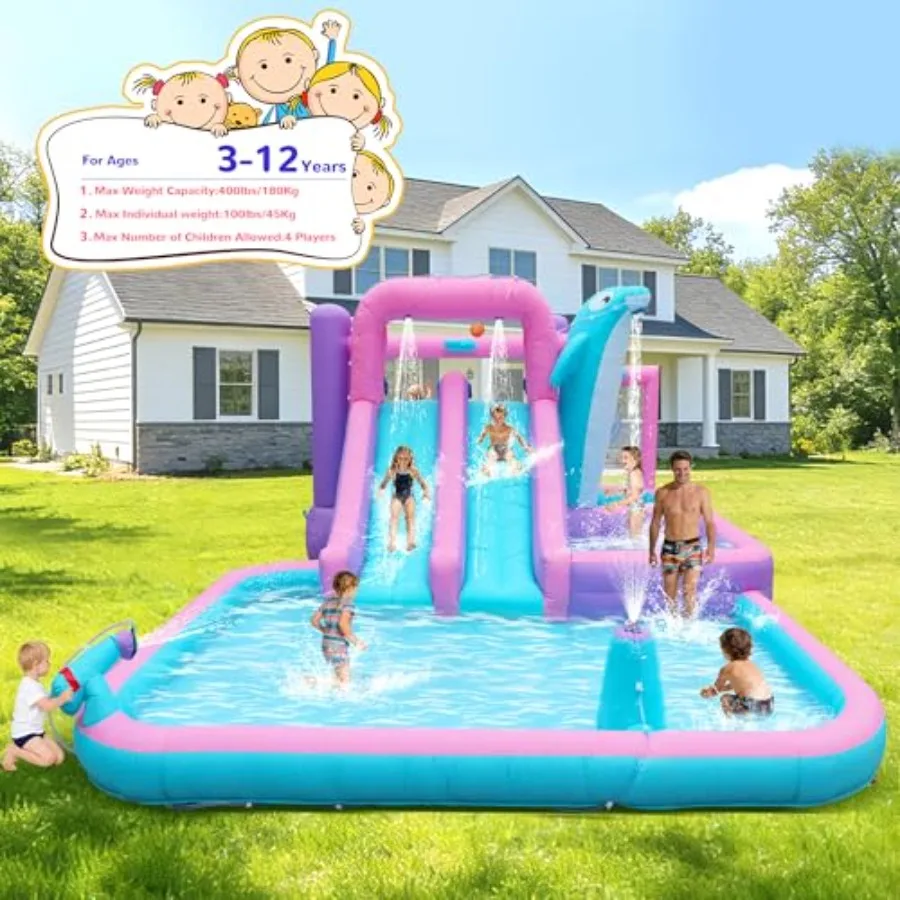 Outdoor inflatable water park with double slide splash pool water gun basketball hoop climbing wall and dual pools; PVC materia