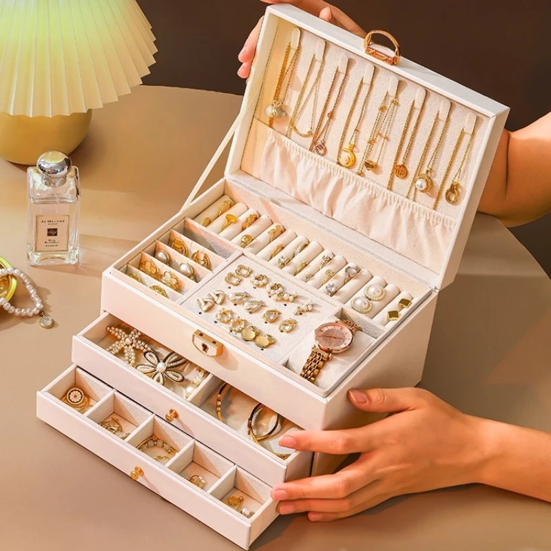 

Luxury Three-Layer Jewelry Storage Box, High-End Ring Earring Necklace Organizer, Vintage Flip PU Case with Removable Dividers