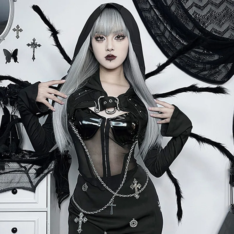 RORORIRI Snack Buckle Hooded Shrug Women with Waist Chain Dark Punk Black Smocked Long Sleeves Cropped Jacket Top Gothic Clothes