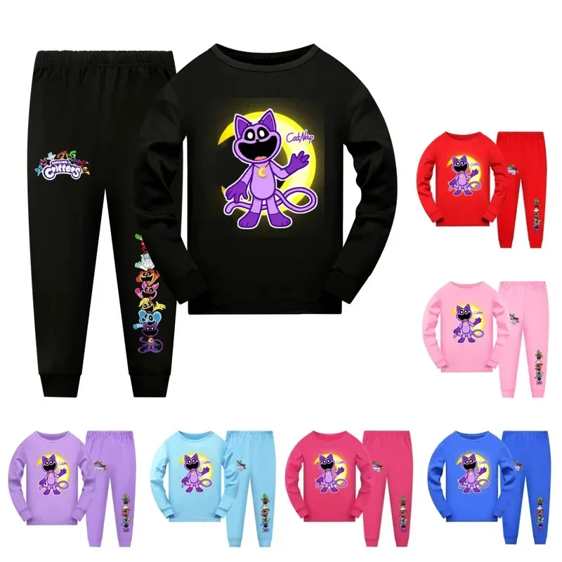 72th Anime Cosplay Critters sonrientes gato siesta niño pijama conjunto niños ropa niñas chándal adolescentes niños camiseta de manga larga pantalones