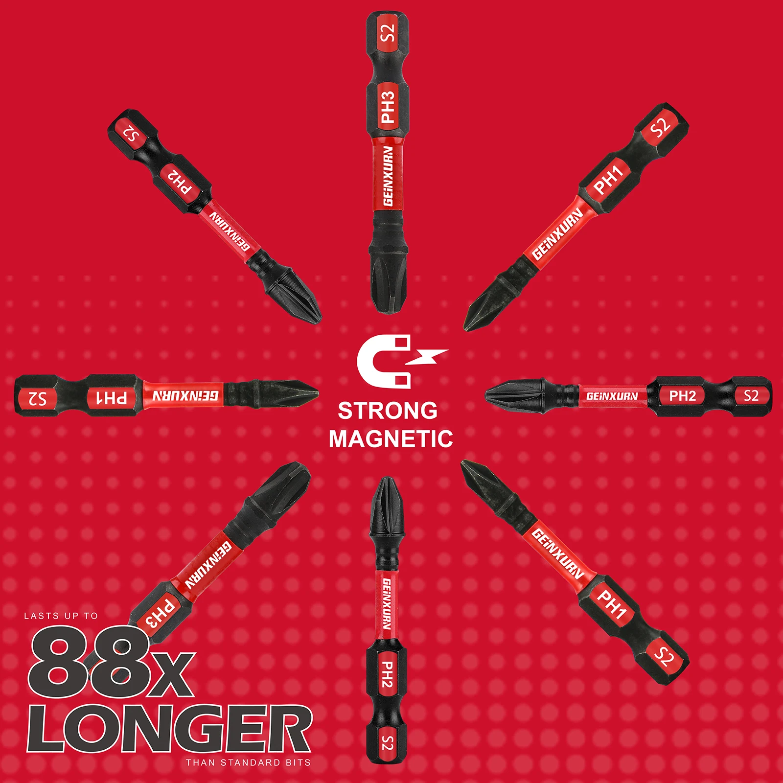 Geinxurn 2 in. Impact Tough #1#2 #3 Phillips Screwdriver Bits Set,S2 Alloy Steel Magnetic Power Bit Set(PH1/PH2/PH3)